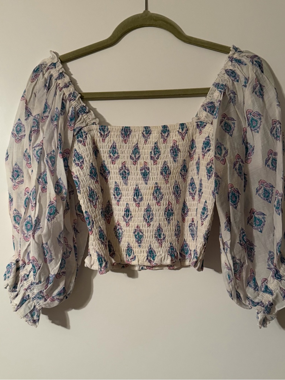 Billabong White Smocked Crop Top with Blue and Purple Print
